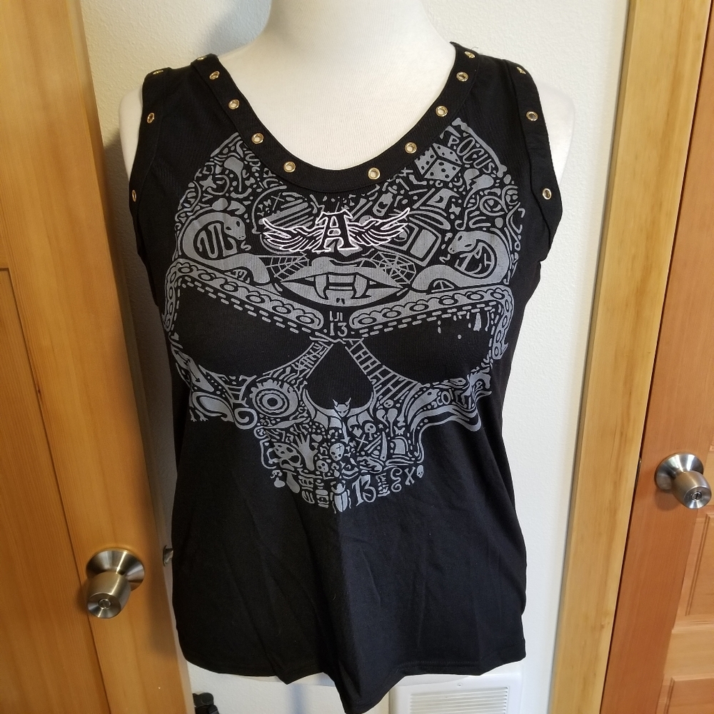 Black and Grey Strappy Tank Top Skull